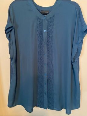 Fortune & Ivy Teal Button-Front Blouse with Lace Trim